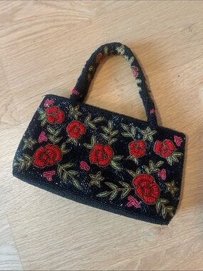 Vintage Black Beaded Floral Handbag with Red Rose Embroidery